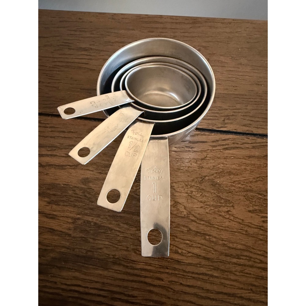Foley Measuring Cups Set Script Silver Good Vintage Stainless Steel 4 Piece
